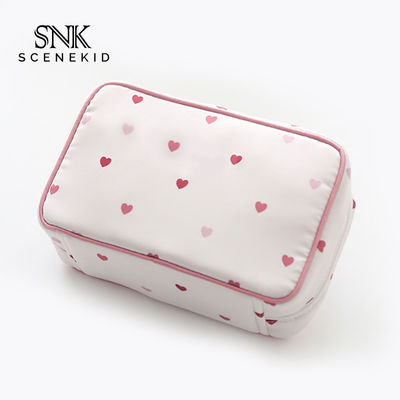 Beautiful Printed Pink Heart Satin Fabric Makeup Brush Bag With Zipper