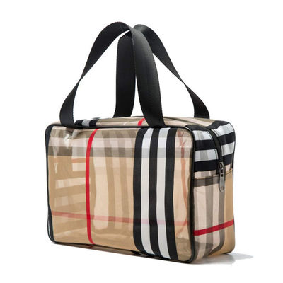 Travel Khaki PVC Stripe Mesh Makeup Bag For Women