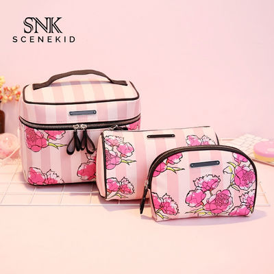 Beauty Make Up Flower Printing PU Leather Cosmetic Bag Set