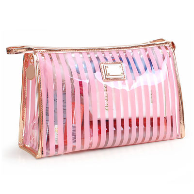 Pink Stripe Pattern Storage Bride PVC Cosmetic Bag