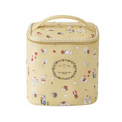 Barrel Shape Professional Travel Cartoon Printed PU Leather Cosmetic Bag