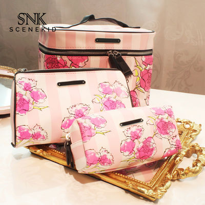 Beauty Make Up Flower Printing PU Leather Cosmetic Bag Set