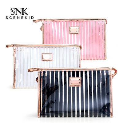 Pink Stripe Pattern Storage Bride PVC Cosmetic Bag