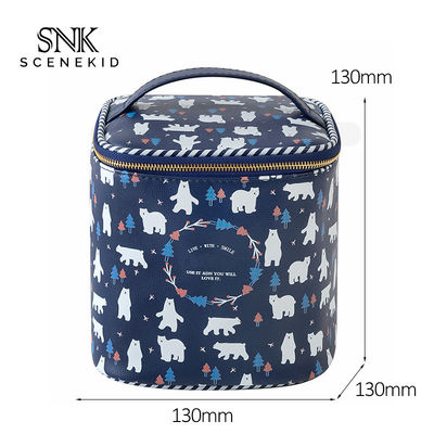 Barrel Shape Professional Travel Cartoon Printed PU Leather Cosmetic Bag