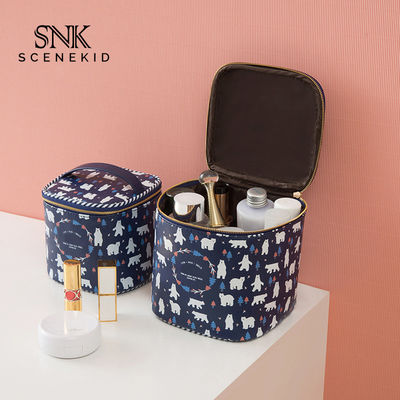 Barrel Shape Professional Travel Cartoon Printed PU Leather Cosmetic Bag