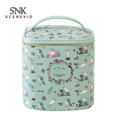 Barrel Shape Professional Travel Cartoon Printed PU Leather Cosmetic Bag