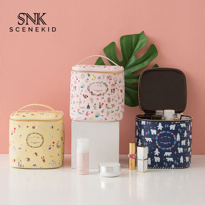 Barrel Shape Professional Travel Cartoon Printed PU Leather Cosmetic Bag