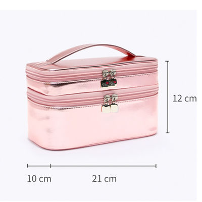 Multifunctional Shiny Rose Gold PU Double Layer Cosmetic Bag