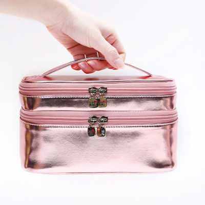 Multifunctional Shiny Rose Gold PU Double Layer Cosmetic Bag