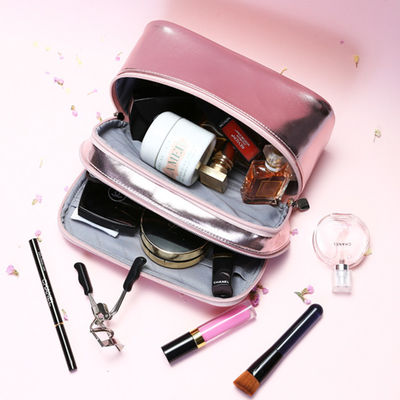 Multifunctional Shiny Rose Gold PU Double Layer Cosmetic Bag