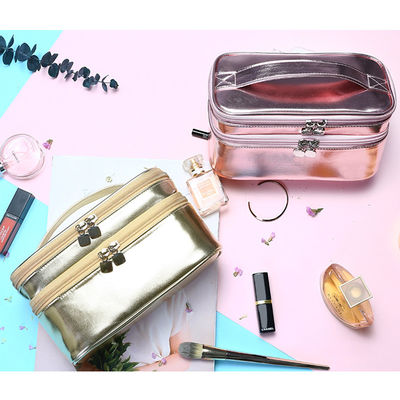 Multifunctional Shiny Rose Gold PU Double Layer Cosmetic Bag