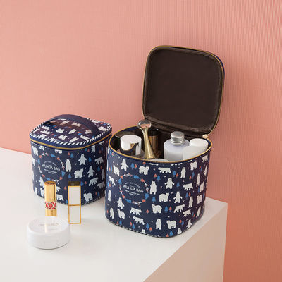 Metal Zipper PU Leather Cylinder Bucket Cosmetic Bag
