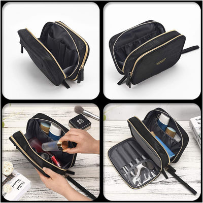 2 Main Compartments Black Polyester Makeup Bag