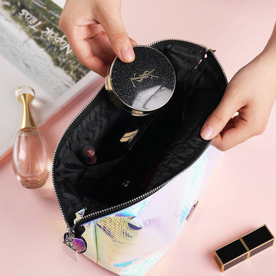 Portable Zippered PU Leather Holographic Cosmetic Bag