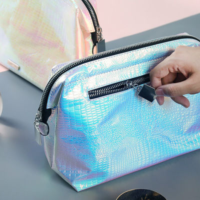 Portable Zippered PU Leather Holographic Cosmetic Bag